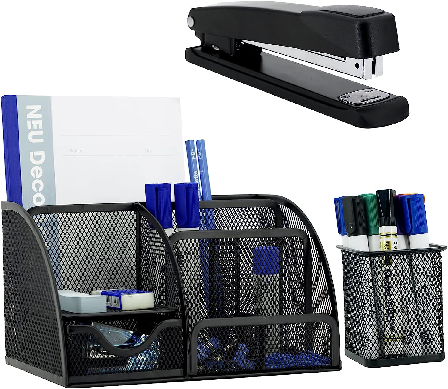 230816021059638_1 Neudeco Desk Organizers and Accessories, Office Supplies Mesh Desk Organizer Caddy with Drawer 6 Compartments + Pen Holder / 72 Paper Clips Binder Clips Set, Black Desktop Organizer for Home Office - Image 1